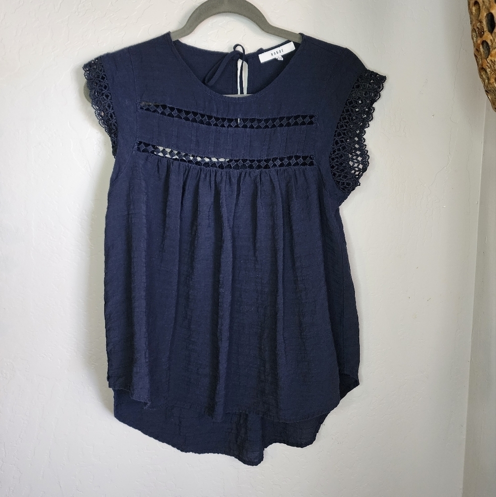 Ro & De Dark Blue Eyelet Lace Blouse Size Small